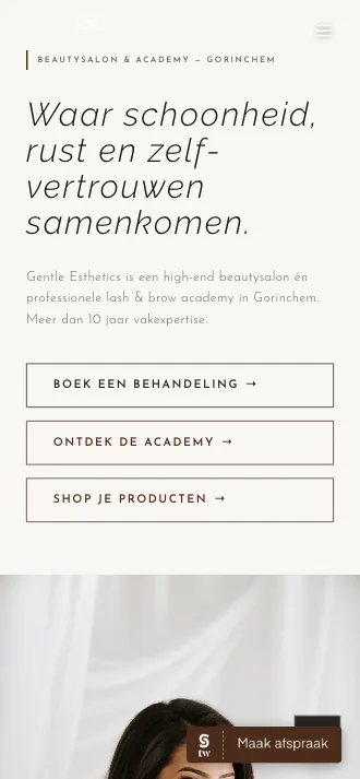 Homepage van Gentle Esthetics op mobiel