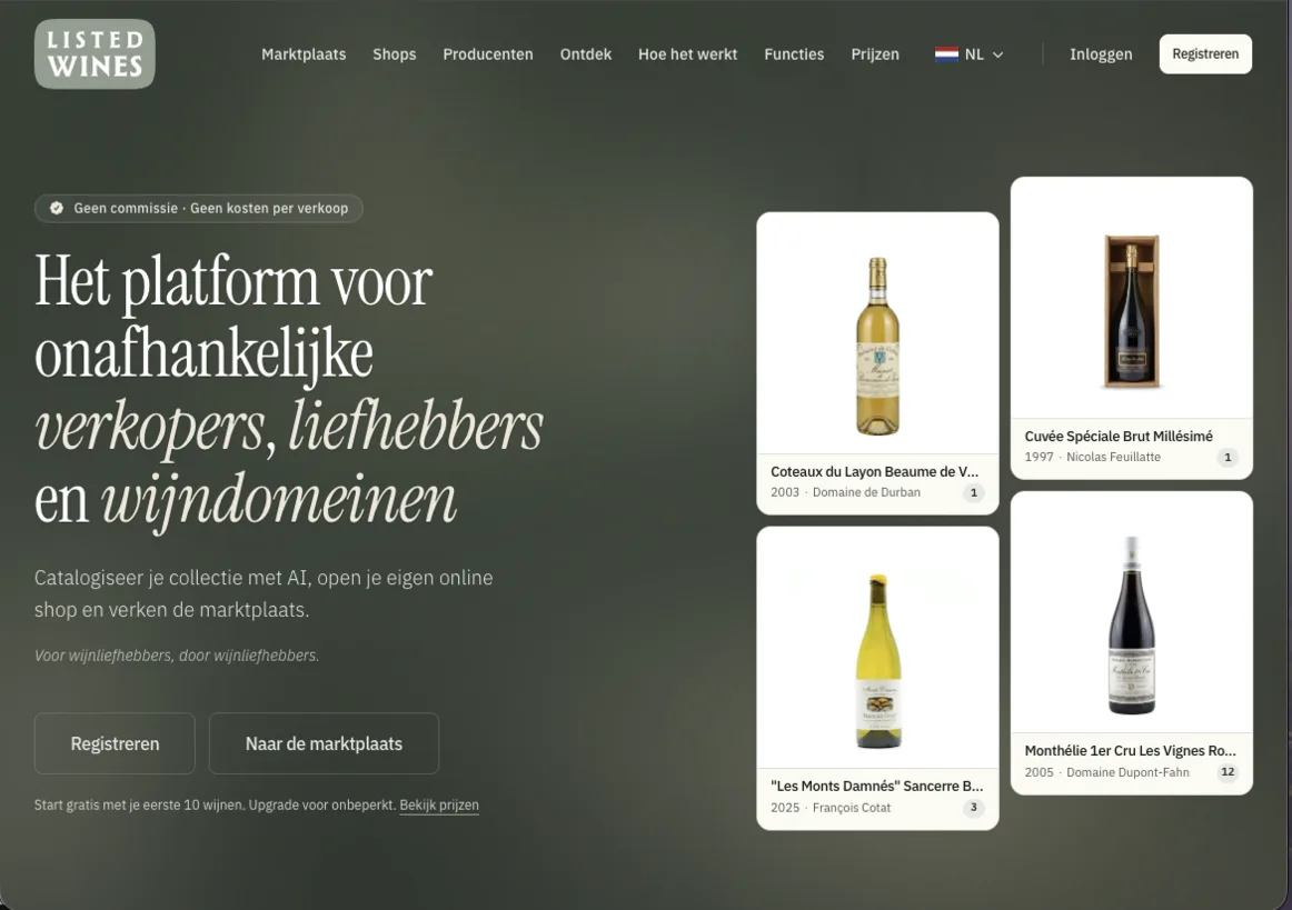 Homepage van Listed Wines op desktop, met de kop en uitgelichte wijnen